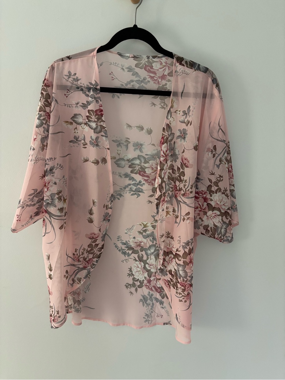 Pink Floral Sheer Kimono Cardigan Open Front Boho Swim Cover Up